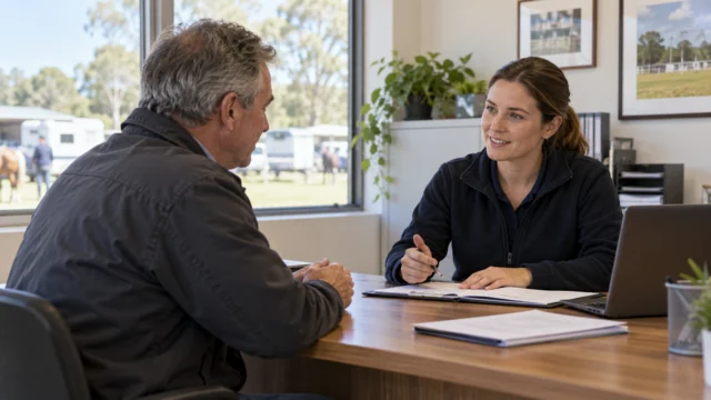 A participant discussing an inspection appointment with authorised club staff at a desk, equipment not visible in close view