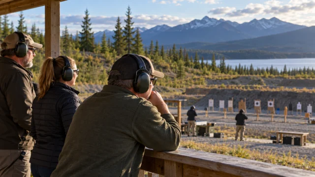 Adult spectators at an organised outdoor sporting range viewed from an approved distant area, protective eyewear and hearing protection visible, no firearm close-ups