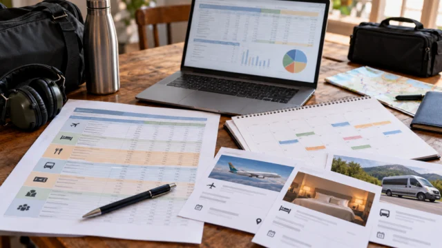 A sporting season budget sheet with travel and accommodation categories, calendar and generic event confirmations