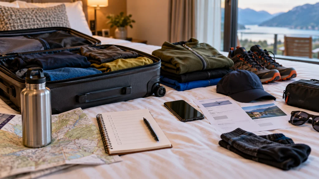 A sporting weekend travel checklist beside a small suitcase, weather layers and generic booking confirmations, no weapons or private data