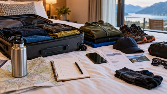 A sporting weekend travel checklist beside a small suitcase, weather layers and generic booking confirmations, no weapons or private data