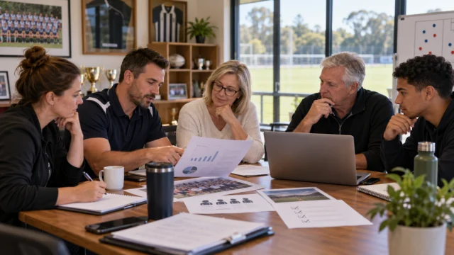 A sporting club committee reviewing a generic sponsorship proposal with audience and independence checklists, no casino branding