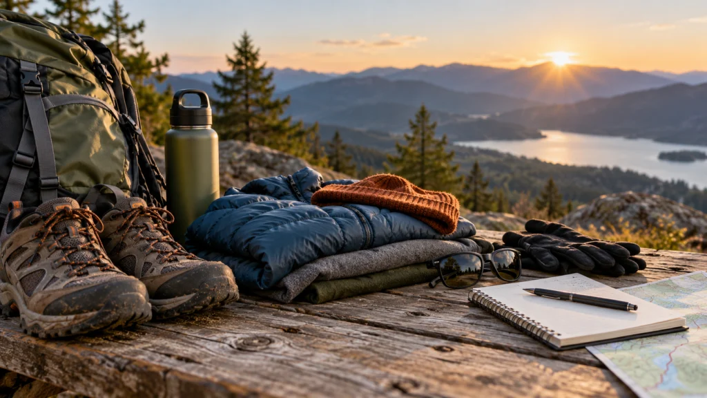 Weather-appropriate outdoor layers, familiar shoes and protective eyewear arranged beside a simple event-day checklist, no weapons