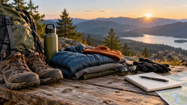 Weather-appropriate outdoor layers, familiar shoes and protective eyewear arranged beside a simple event-day checklist, no weapons