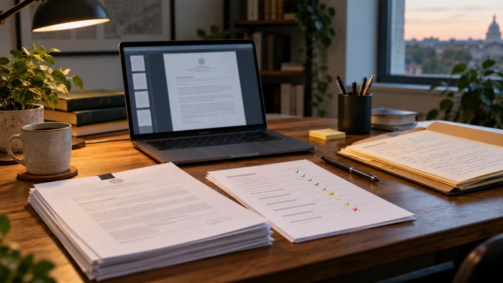 A laptop showing a generic official-document page beside a version checklist and an independent notes folder, no technical weapon diagrams