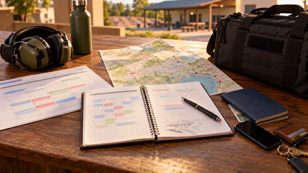 A season planning notebook beside a generic match schedule, travel map and packed everyday essentials, no weapons displayed