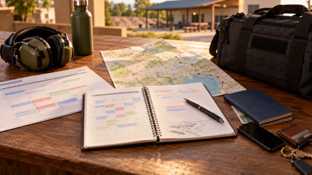 A season planning notebook beside a generic match schedule, travel map and packed everyday essentials, no weapons displayed