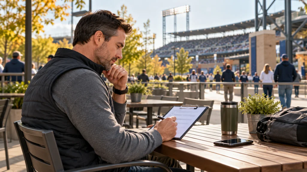 An adult reviewing a calm event-day checklist in a quiet outdoor seating area before a sporting event, no weapons visible