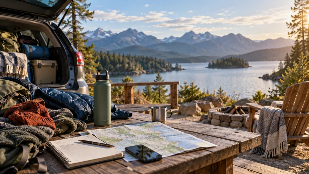A sporting weekend plan with travel times, a water bottle, weather layers and a quiet resting area, no exercise prescription or weapons