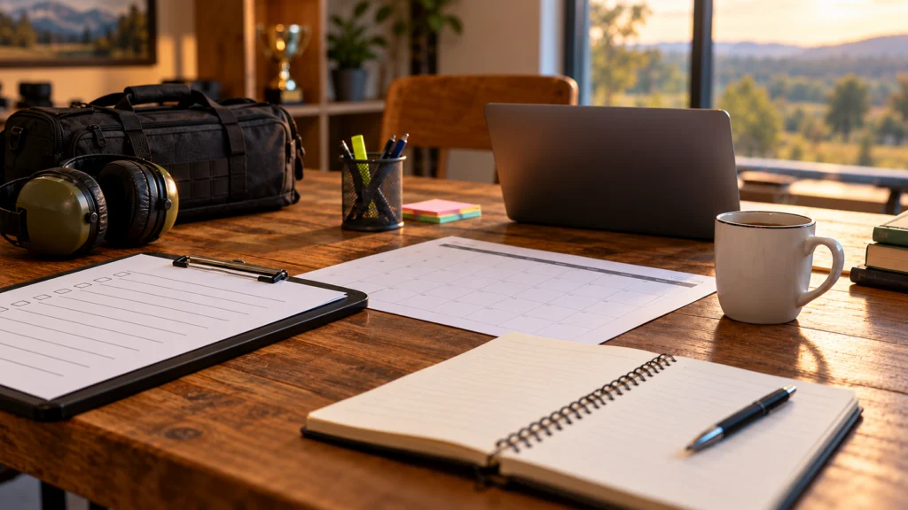 A sporting club planning table with a match calendar and a separate personal budget notebook, no betting screens or weapons close-ups