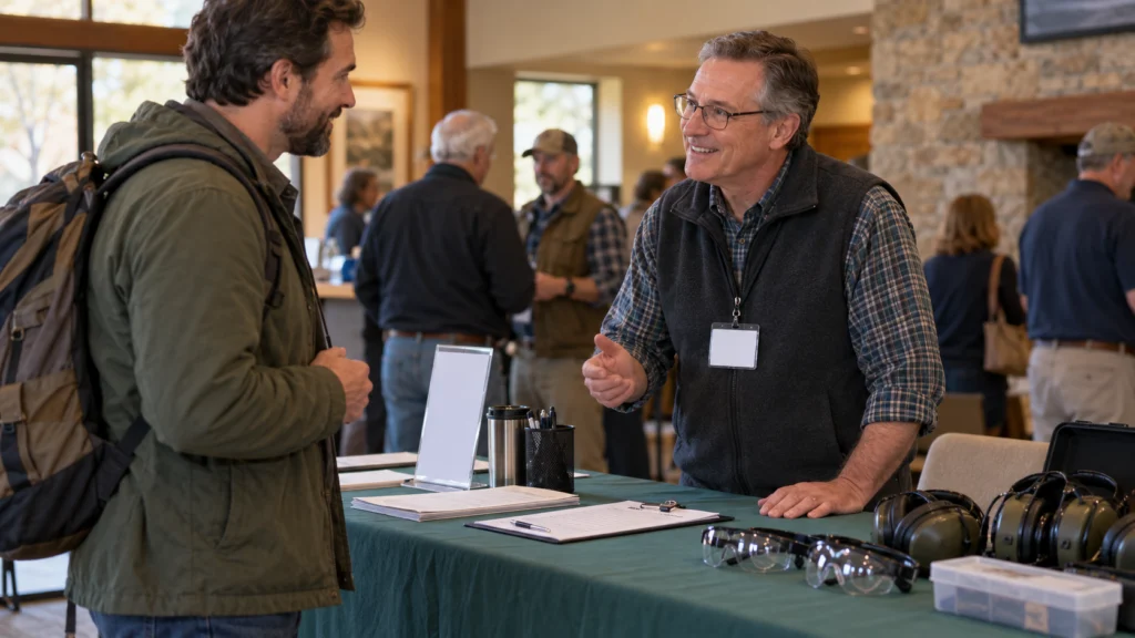 An adult newcomer speaking with a club host at a reception table with a visitor checklist and protective equipment, no weapons displayed