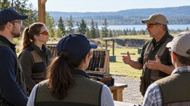Visitors listening to a host briefing at an outdoor sporting club, protective eyewear visible and equipment out of close view