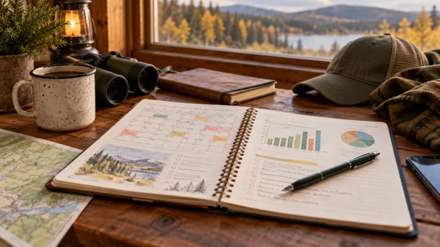 A season review notebook with event calendar, budget summary and a few practical next-step notes, no weapons or trophies in focus
