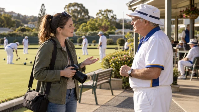 An adult spectator holding a camera lowered while asking permission at a sporting club, no firearms or private documents in close view