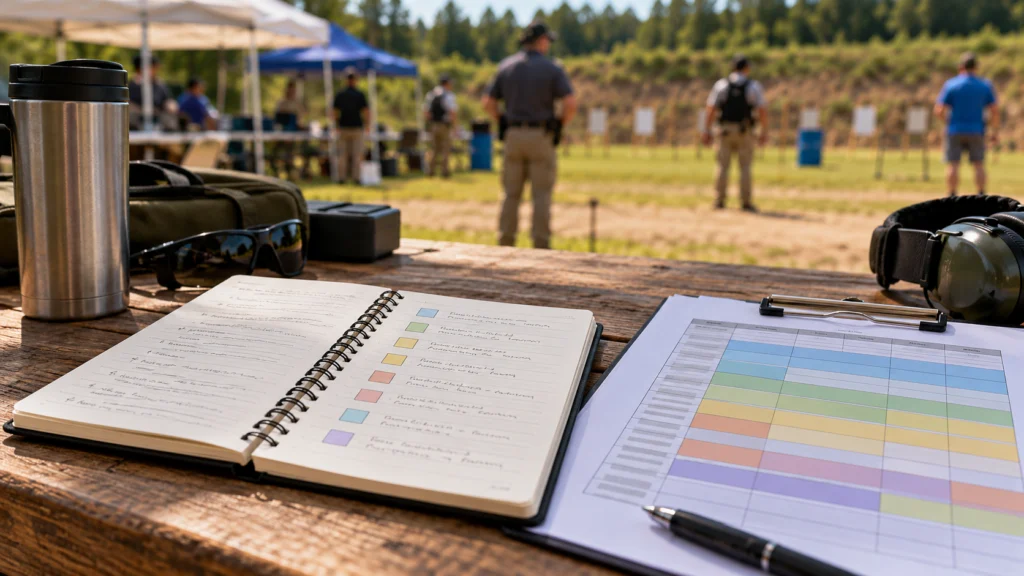 A plain-language match-day glossary notebook beside a generic event timetable, no technical firearm diagrams