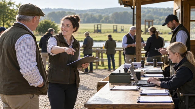 Event staff coordinating a registration and briefing area at an outdoor sporting club, no firearms in close view