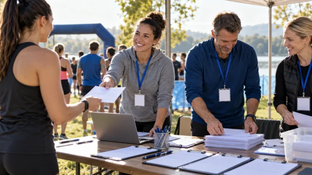 Adult volunteers organising a sporting event registration table with blank forms and clear role badges, no personal data or weapons